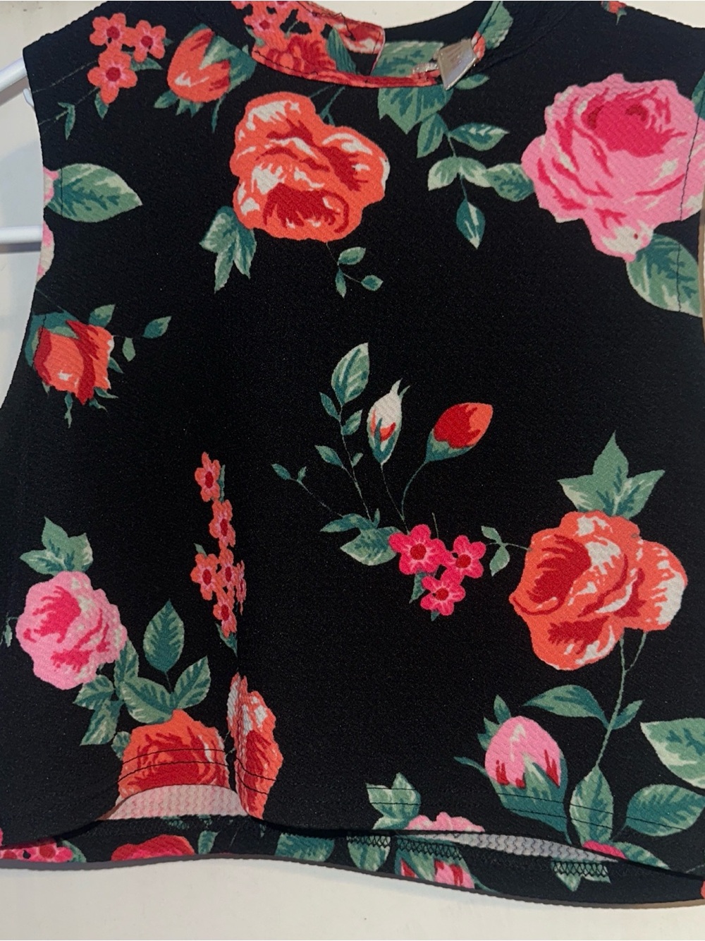 Black Floral Sleeveless Top with Pink & Coral Roses
